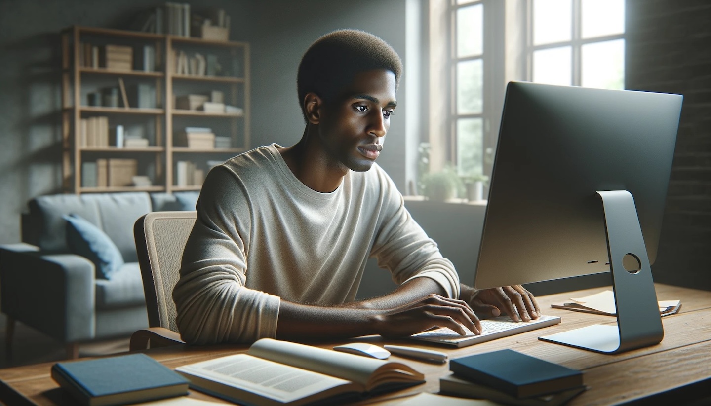 African American male researching rehab programs, sitting at a desk with a computer and books.